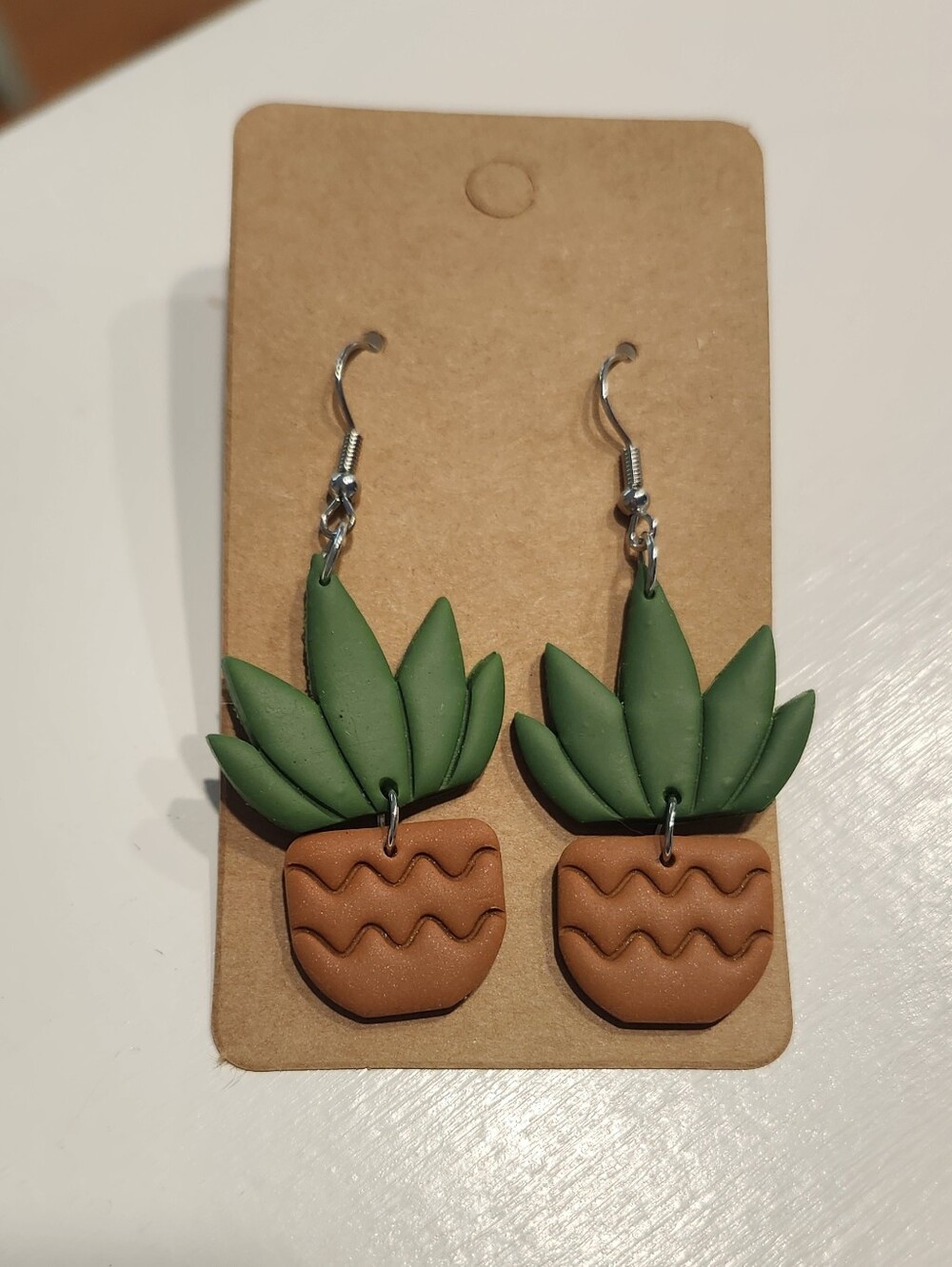 Handmade Clay Green & Brown Potted Plant Drop Earrings